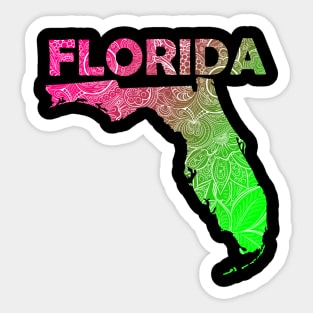 Colorful mandala art map of Florida with text in pink and green Sticker